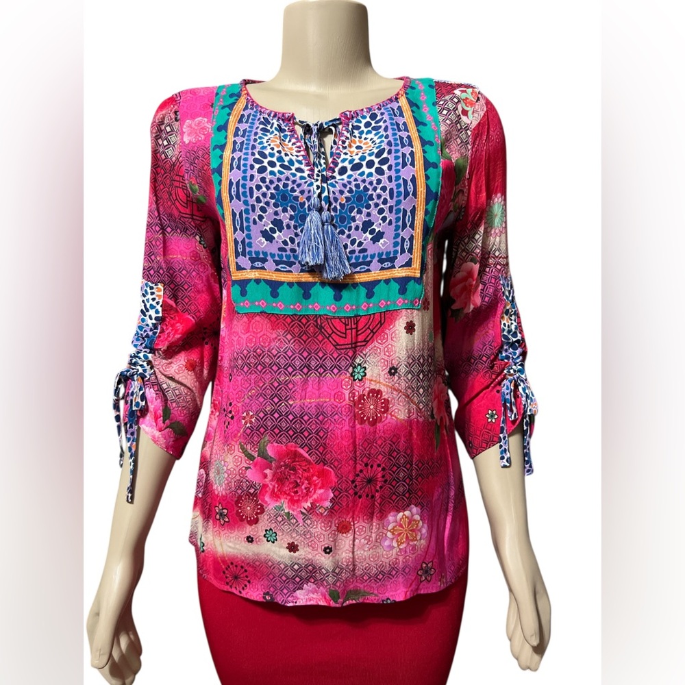 NWT John Mark Size PS 3/4 Tie Sleeve Tassel Tie Neck Pink Floral Tunic Top